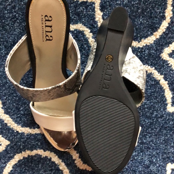 A.N.A. Black and white wedge heel two band sandal; one snake skin band - Picture 3 of 5